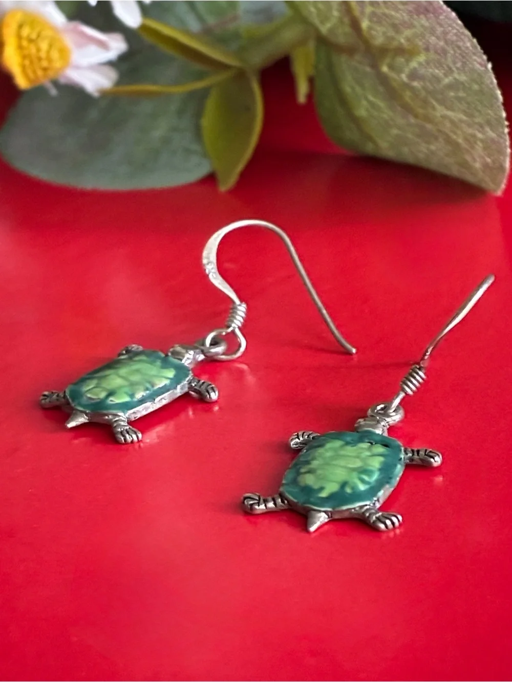 925 Green Turtle Drop Earrings with Silver-Tone Hooks